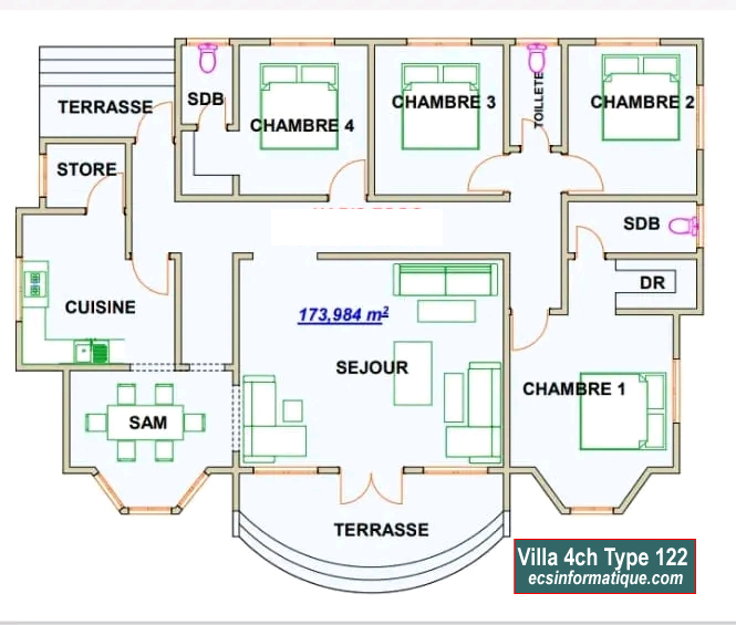 Plan de maison 4 chambres salon - Distribution 2D - Villa T5 Type 2
