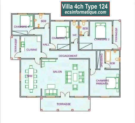 Plan de maison 4 chambres salon - Distribution 2D - Villa T5 Type 4