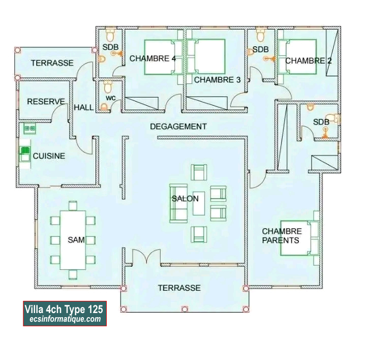 Plan de maison 4 chambres salon - Distribution 2D - Villa T5 Type 5