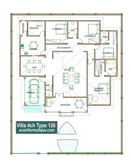 Plan de maison 4 chambres salon - Distribution 2D - Villa T5 Type 6