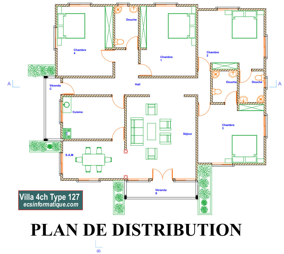 Plan de maison 4 chambres salon - Distribution 2D - Villa T5 Type 7