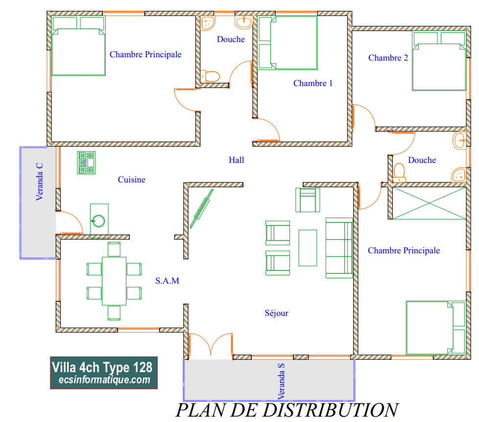 Plan de maison 4 chambres salon - Distribution 2D - Villa T5 Type 8