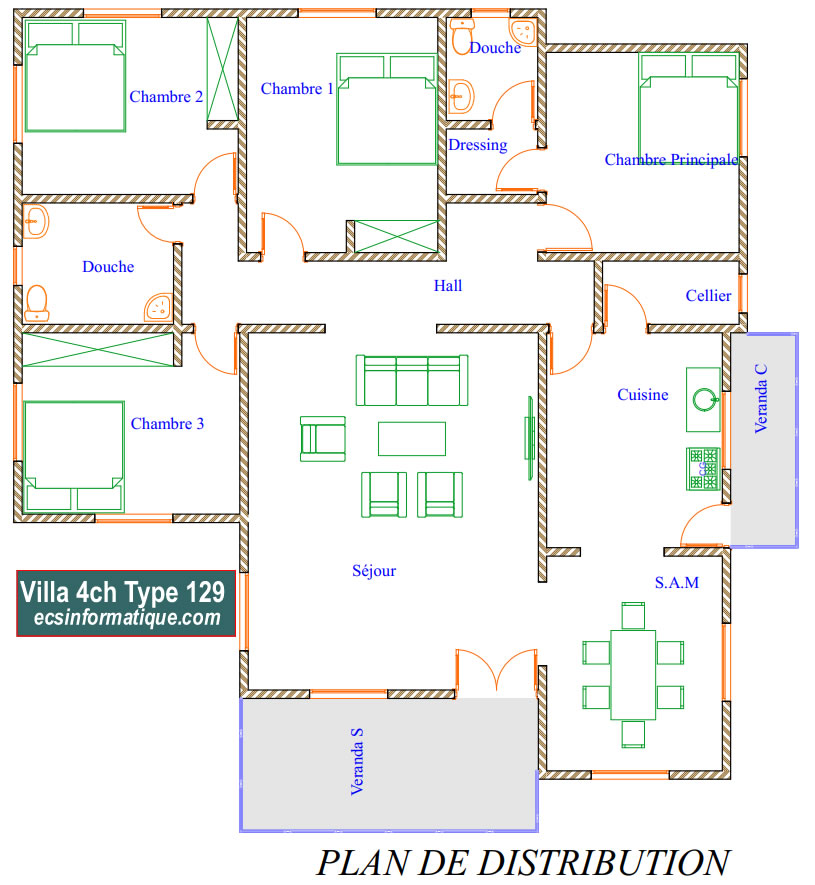 Plan de maison 4 chambres salon - Distribution 2D - Villa T5 Type 9