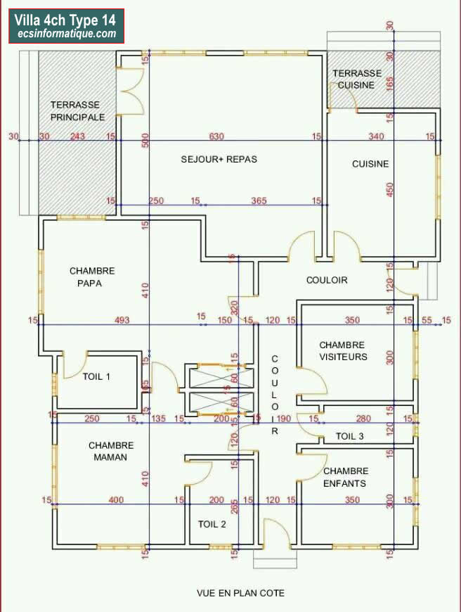 Plan de maison 4 chambres salon - Distribution 2D - Villa T5 Type 14