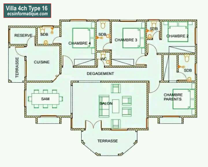 Plan de maison 4 chambres salon - Distribution 2D -Villa T5 Type 16