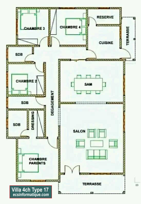 Plan de maison 4 chambres salon - Distribution 2D -Villa T5 Type 17