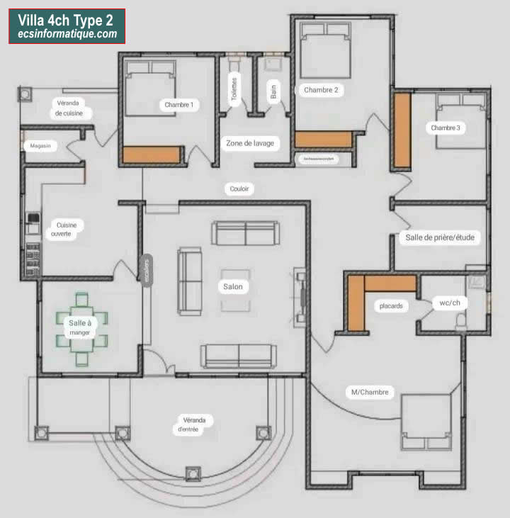 Plan de maison 4 chambres salon - Distribution 2D - Villa T5 Type 2