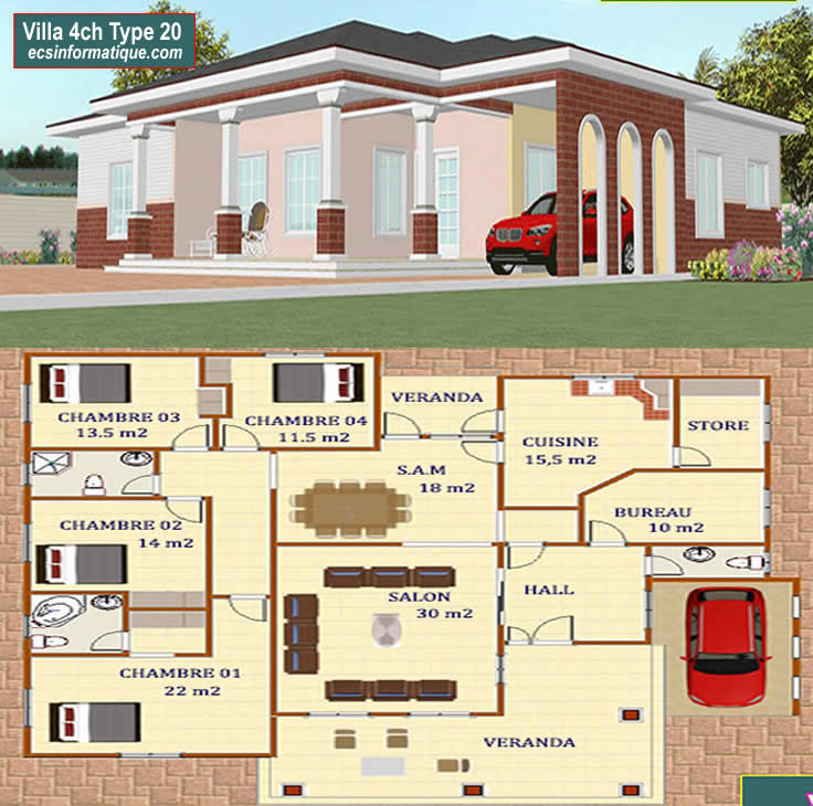 Plan de maison 4 chambres salon - Distribution 2D -Villa T5 Type 20
