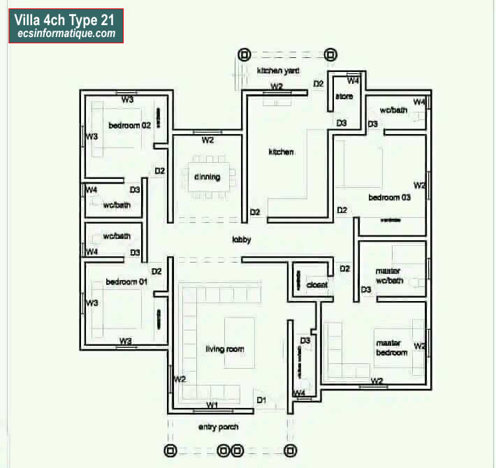 Plan de maison 4 chambres salon - Distribution 2D -Villa T5 Type 21