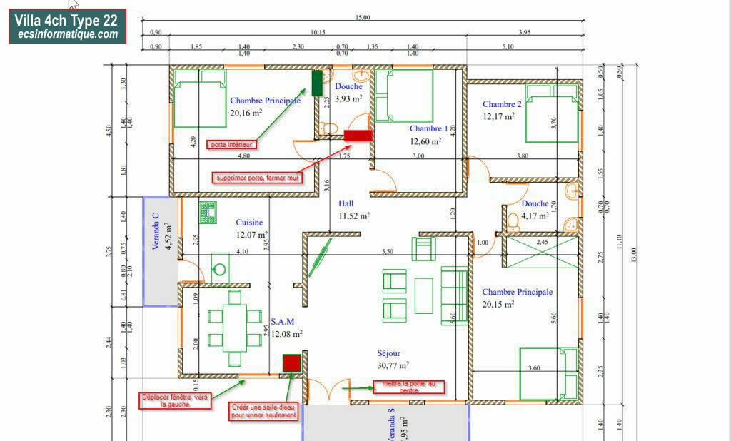 Plan de maison 4 chambres salon - Distribution 2D -Villa T5 Type 22