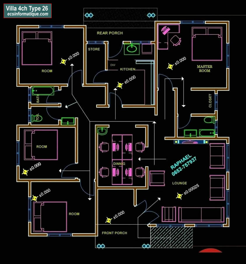 Plan de maison 4 chambres salon - Distribution 2D -Villa T5 Type 26