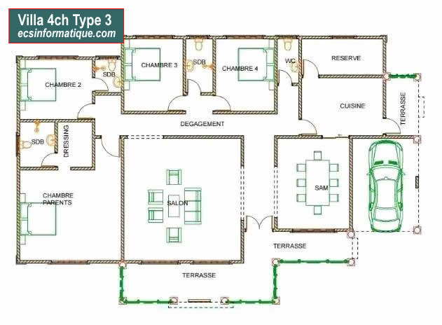 Plan de maison 4 chambres salon - Distribution 2D - Villa T5 Type 3