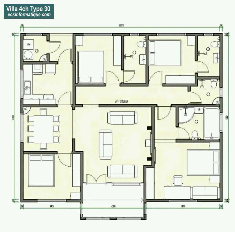 Plan de maison 4 chambres salon - Distribution 2D -Villa T5 Type 30