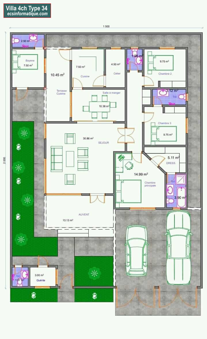 Plan de maison 4 chambres salon - Distribution 2D -Villa T5 Type 34