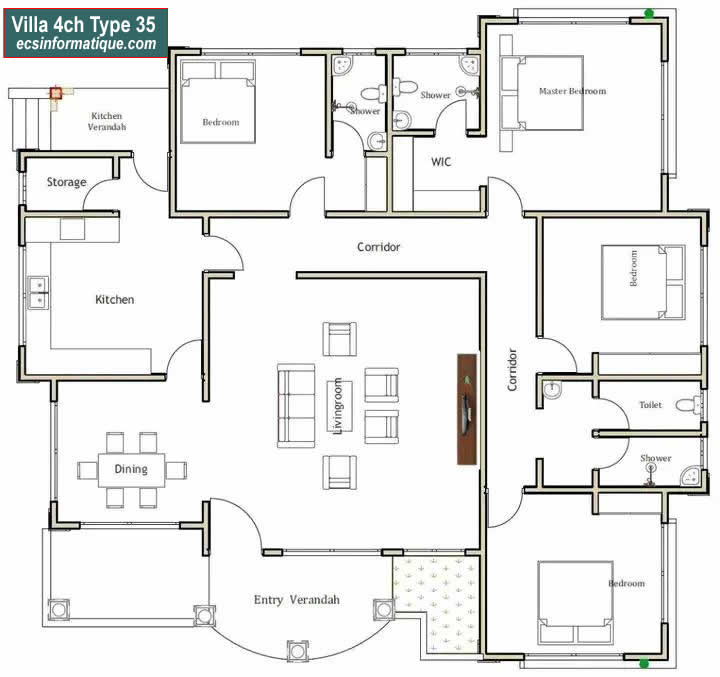 Plan de maison 4 chambres salon - Distribution 2D -Villa T5 Type 35