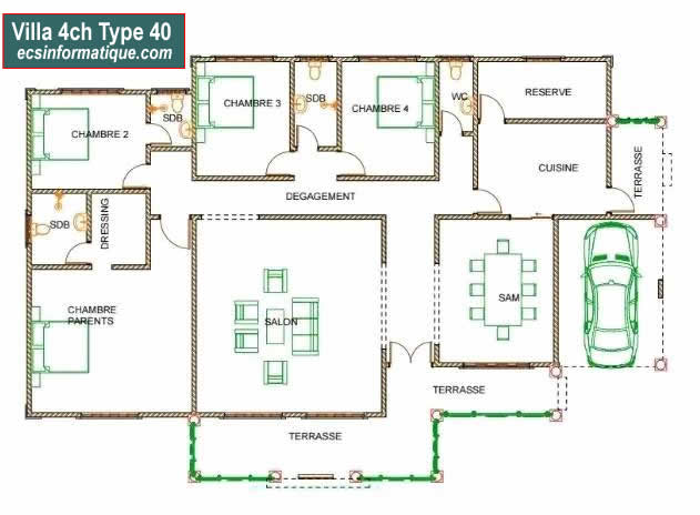 Plan de maison 4 chambres salon - Distribution 2D -Villa T5 Type 37