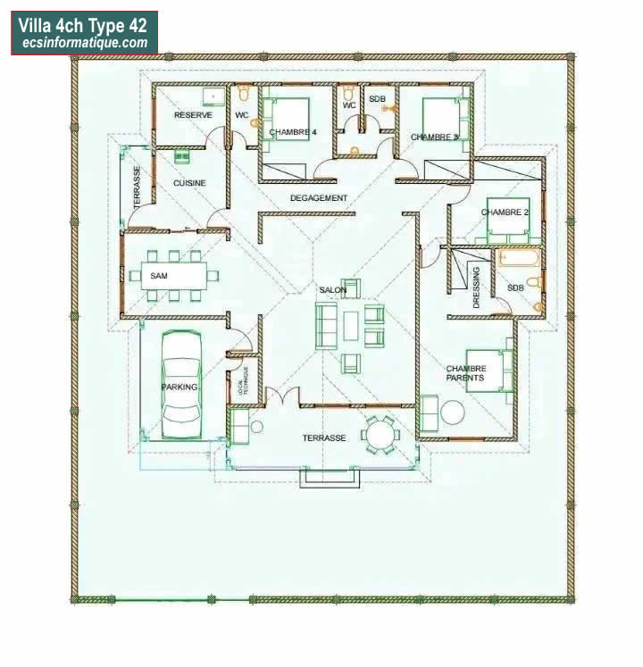 Plan de maison 4 chambres salon - Distribution 2D - Villa T5 Type 2