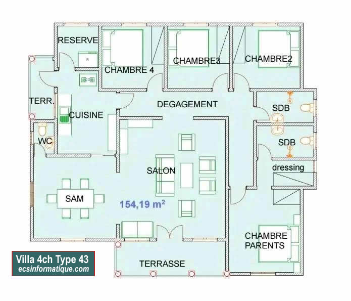 Plan de maison 4 chambres salon - Distribution 2D - Villa T5 Type 3