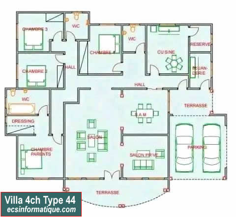 Plan de maison 4 chambres salon - Distribution 2D - Villa T5 Type 4