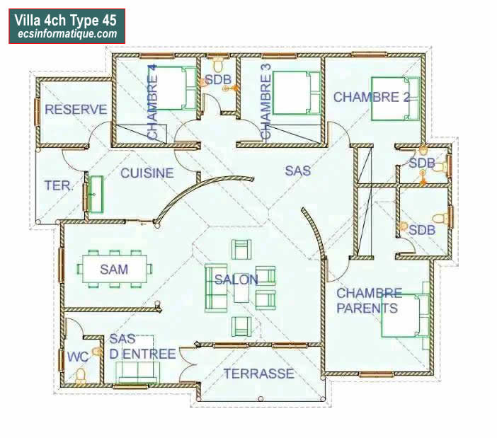Plan de maison 4 chambres salon - Distribution 2D - Villa T5 Type 5
