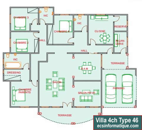 Plan de maison 4 chambres salon - Distribution 2D - Villa T5 Type 6