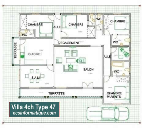 Plan de maison 4 chambres salon - Distribution 2D - Villa T5 Type 7