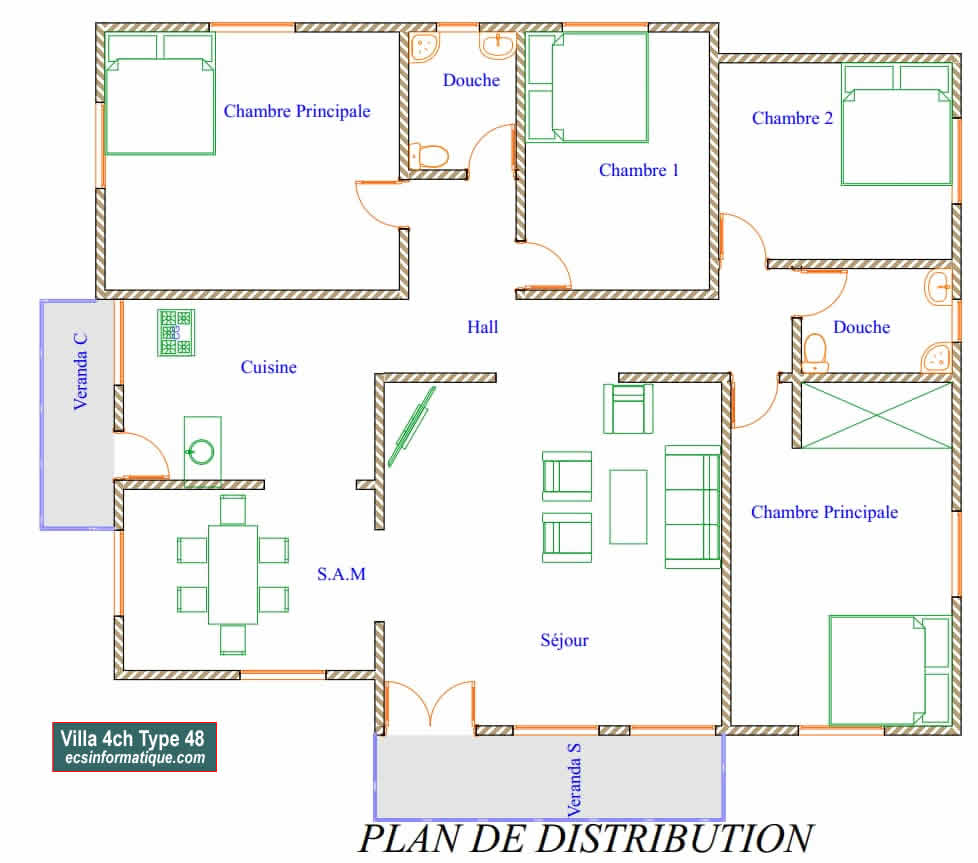 Plan de maison 4 chambres salon - Distribution 2D - Villa T5 Type 8