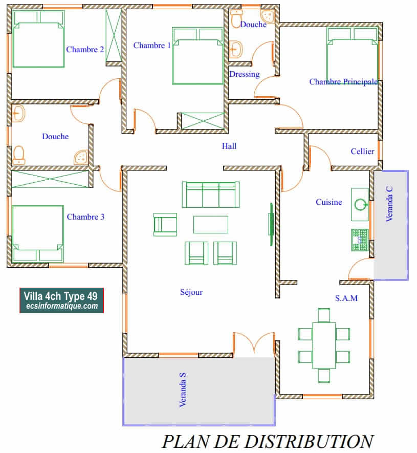 Plan de maison 4 chambres salon - Distribution 2D - Villa T5 Type 9