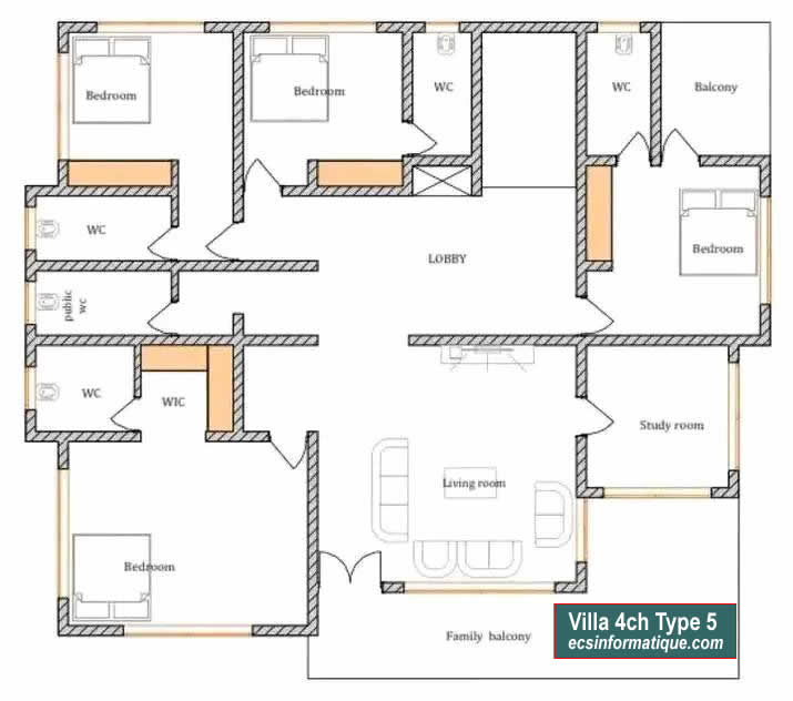 Plan de maison 4 chambres salon - Distribution 2D - Villa T5 Type 5