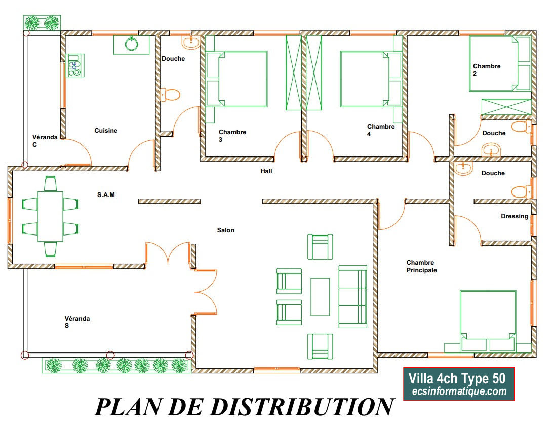 Plan de maison 4 chambres salon - Distribution 2D - Villa T5 Type 10