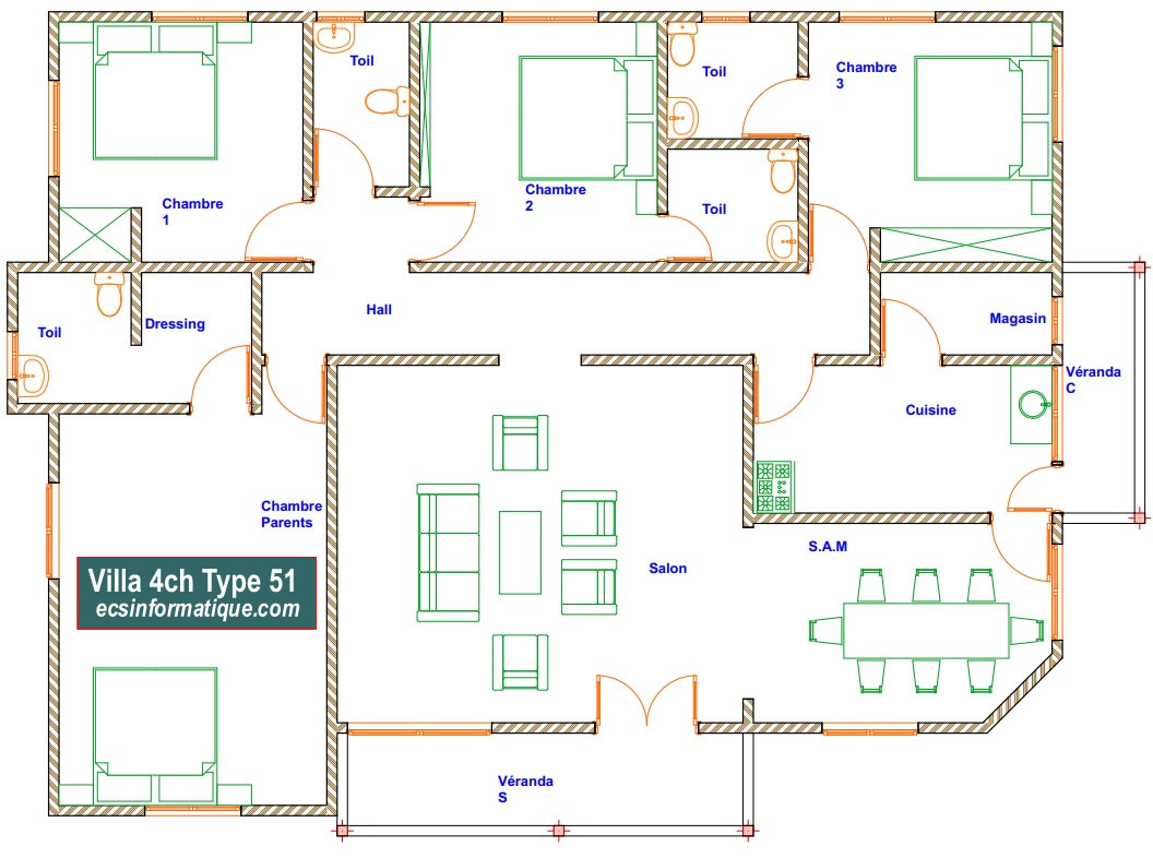 Plan de maison 4 chambres salon - Distribution 2D - Villa T5 Type 11