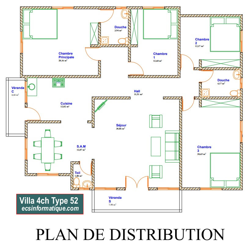 Plan de maison 4 chambres salon - Distribution 2D - Villa T5 Type 12