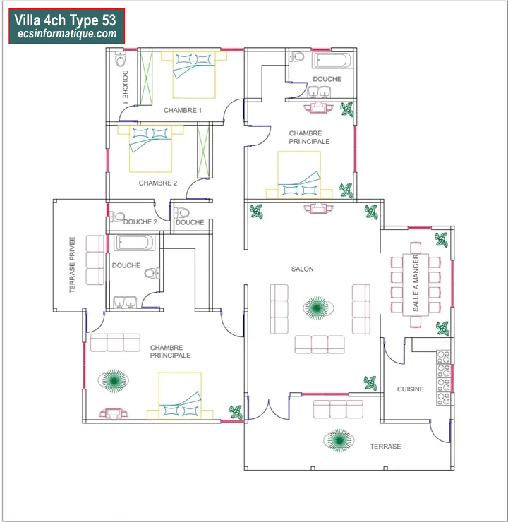 Plan de maison 4 chambres salon - Distribution 2D - Villa T5 Type 13