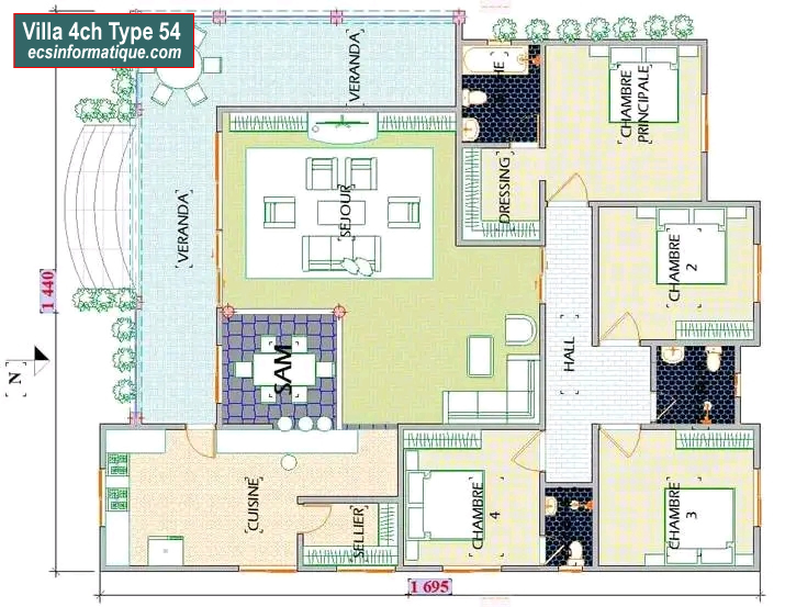 Plan de maison 4 chambres salon - Distribution 2D - Villa T5 Type 14