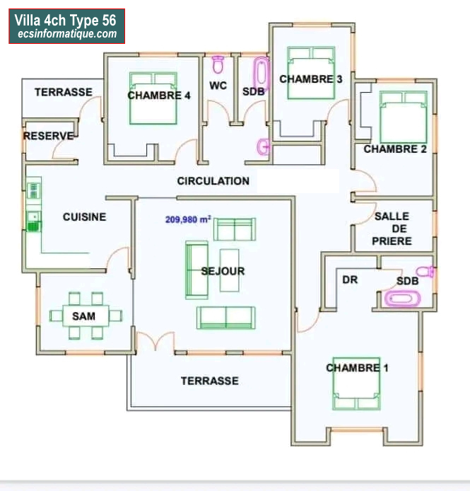 Plan de maison 4 chambres salon - Distribution 2D -Villa T5 Type 16