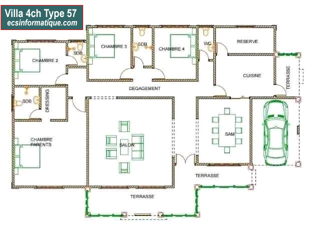 Plan de maison 4 chambres salon - Distribution 2D -Villa T5 Type 16