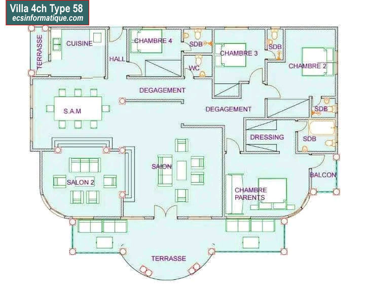 Plan de maison 4 chambres salon - Distribution 2D -Villa T5 Type 18
