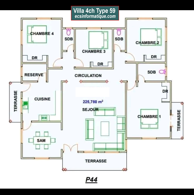 Plan de maison 4 chambres salon - Distribution 2D -Villa T5 Type 19