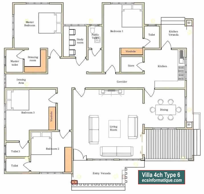 Plan de maison 4 chambres salon - Distribution 2D - Villa T5 Type 6