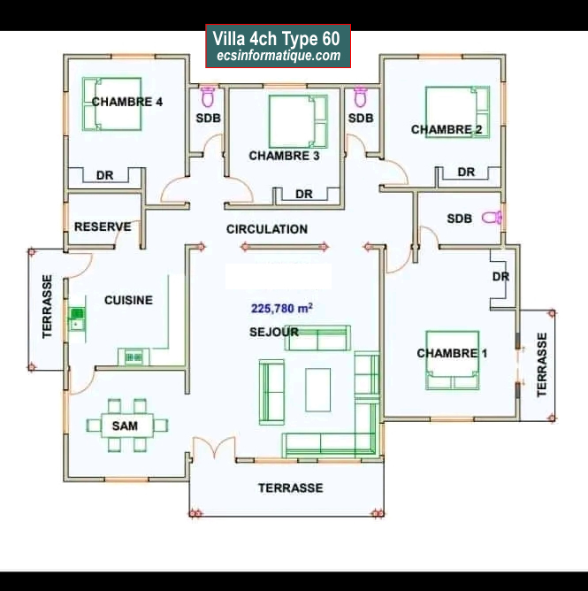 Plan de maison 4 chambres salon - Distribution 2D -Villa T5 Type 20