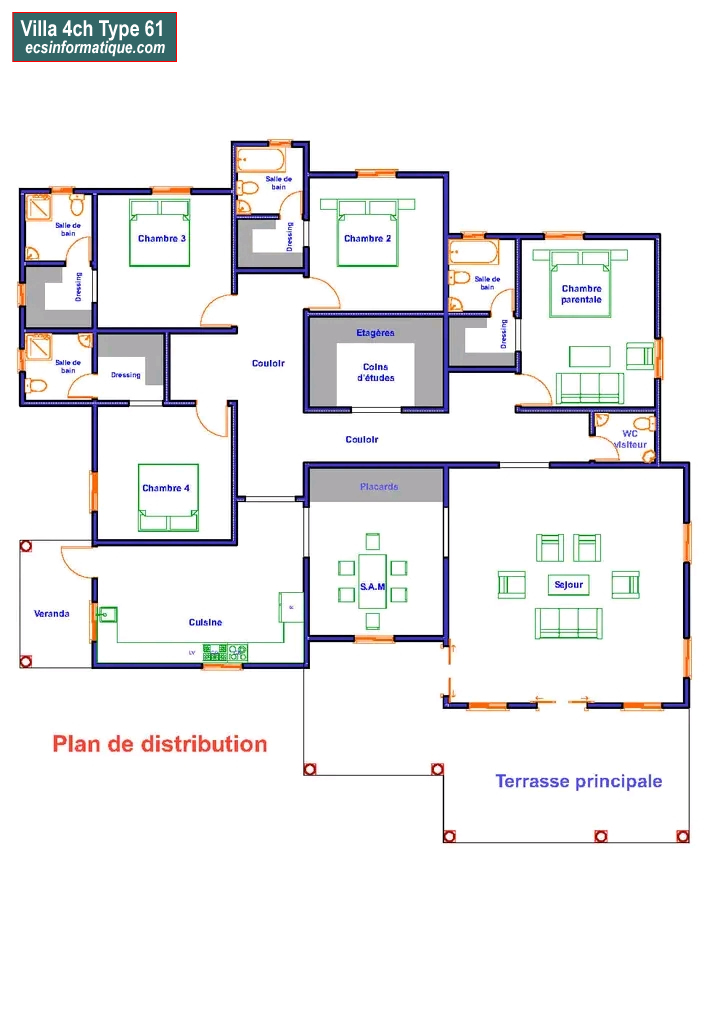 Plan de maison 4 chambres salon - Distribution 2D -Villa T5 Type 21