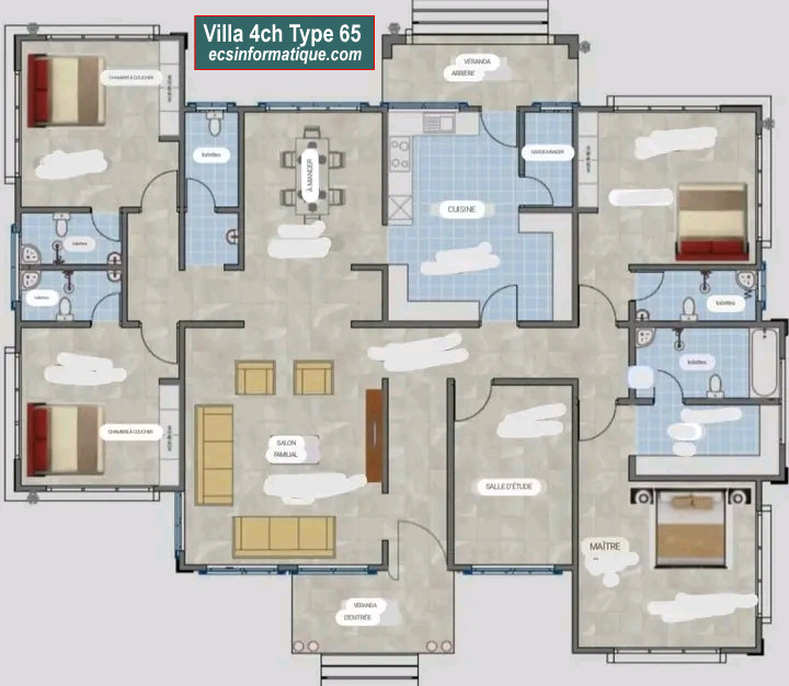Plan de maison 4 chambres salon - Distribution 2D -Villa T5 Type 25