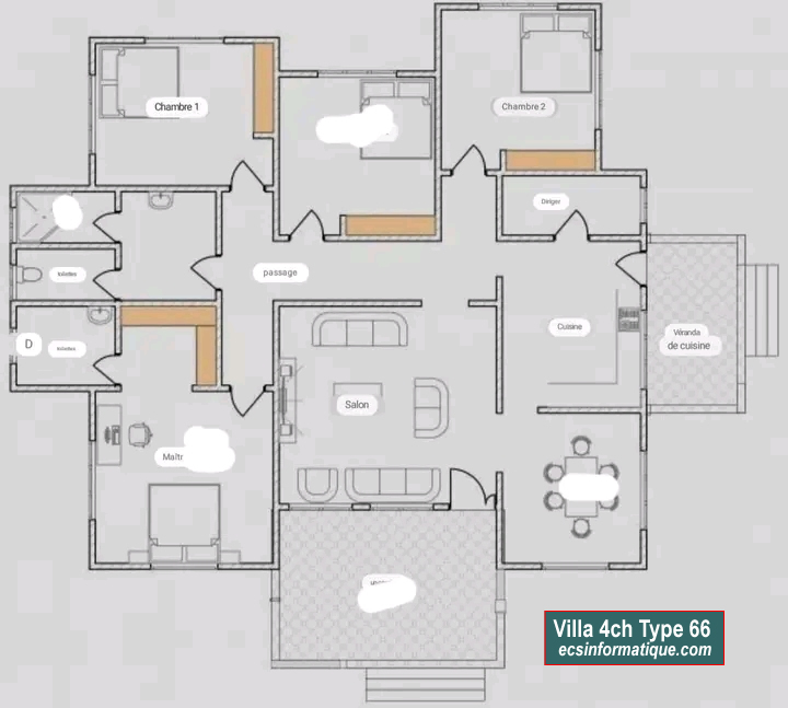 Plan de maison 4 chambres salon - Distribution 2D -Villa T5 Type 26