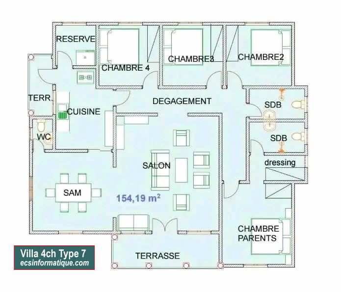 Plan de maison 4 chambres salon - Distribution 2D - Villa T5 Type 7