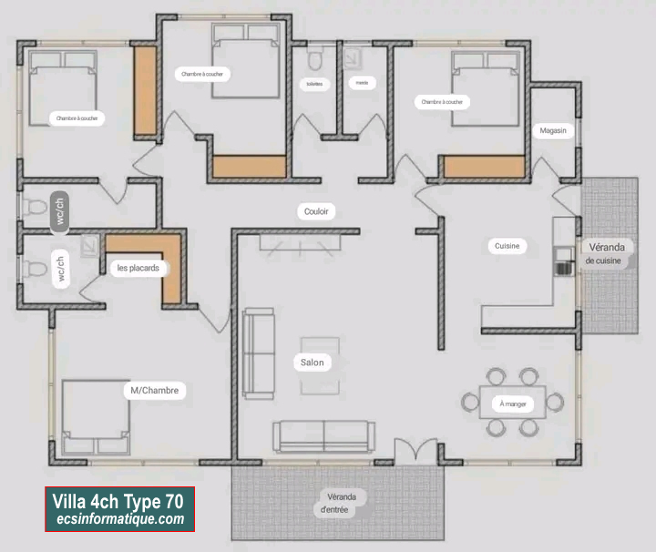 Plan de maison 4 chambres salon - Distribution 2D -Villa T5 Type 30