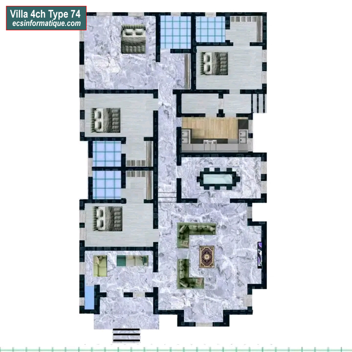 Plan de maison 4 chambres salon - Distribution 2D -Villa T5 Type 34
