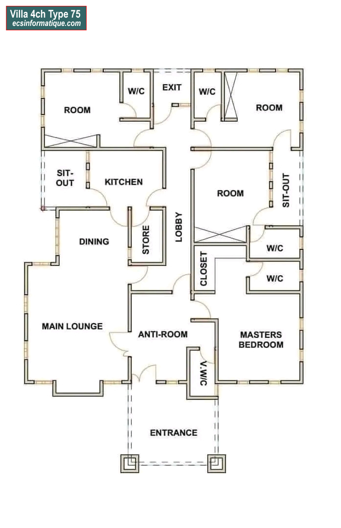 Plan de maison 4 chambres salon - Distribution 2D -Villa T5 Type 35