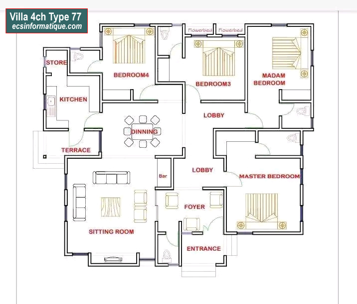 Plan de maison 4 chambres salon - Distribution 2D -Villa T5 Type 37