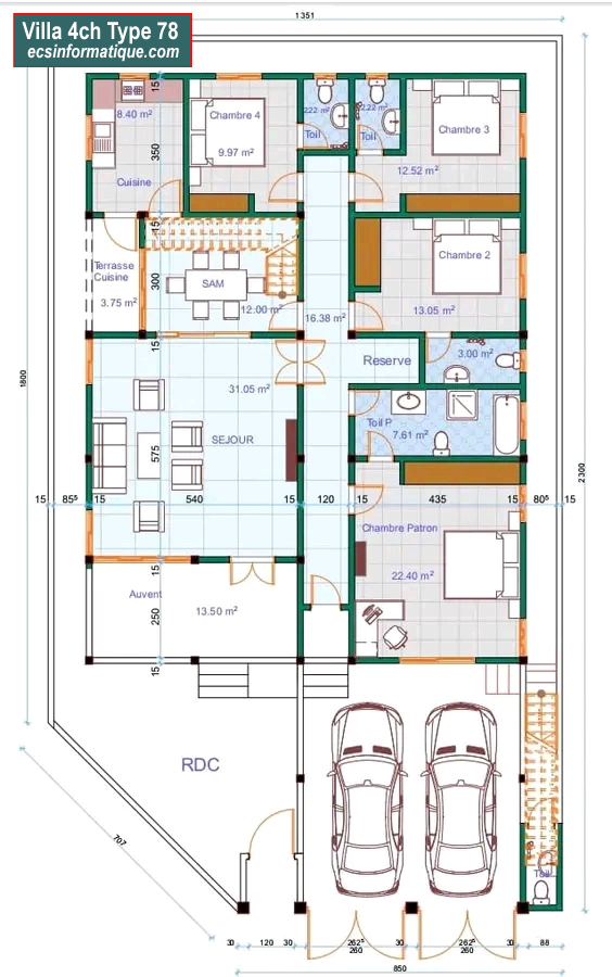 Plan de maison 4 chambres salon - Distribution 2D -Villa T5 Type 37