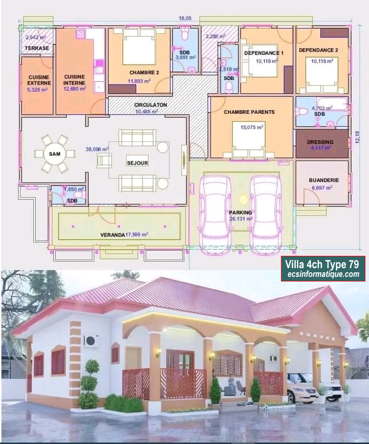 Plan de maison 4 chambres salon - Distribution 2D -Villa T5 Type 37